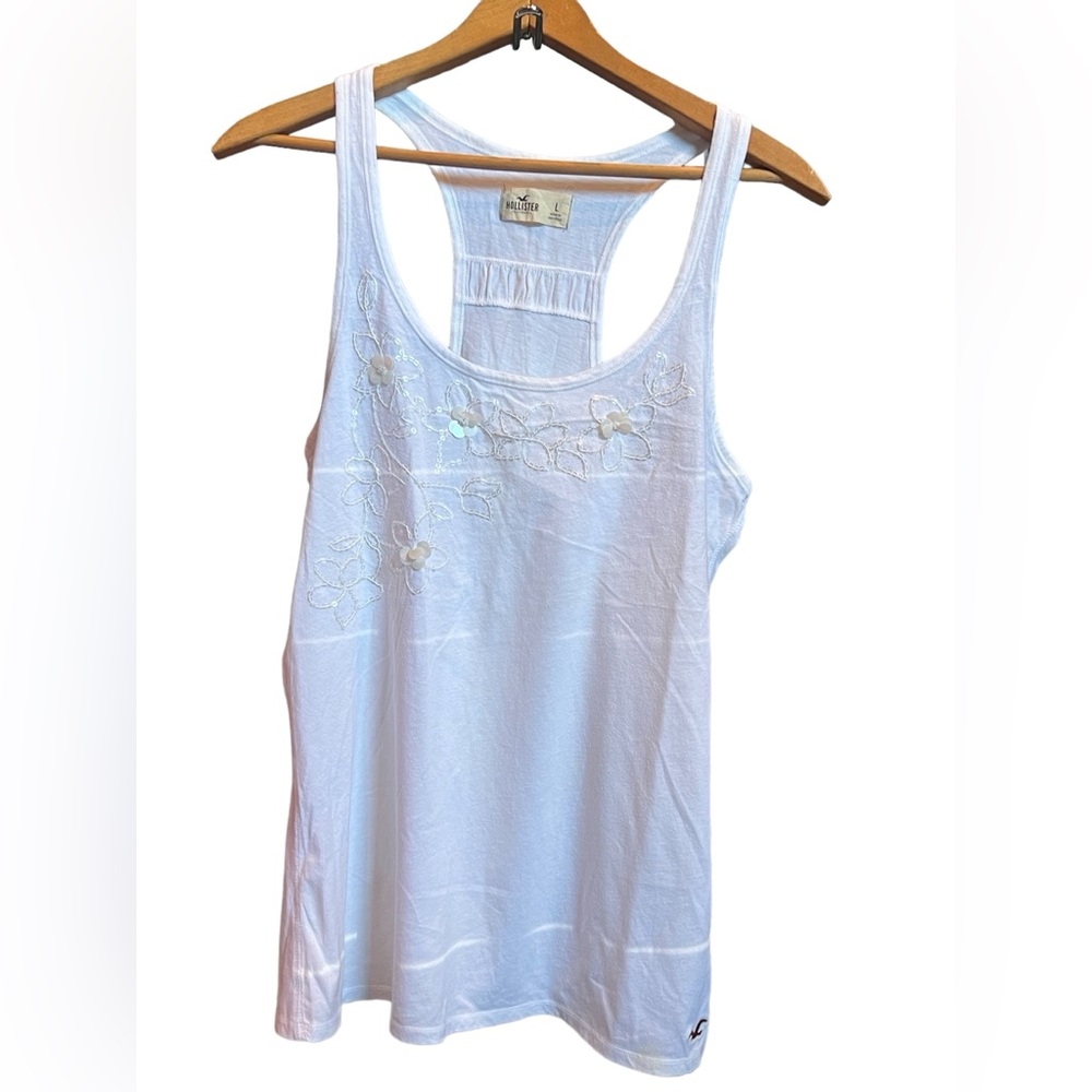 Hollister White Tank Top with floral embroidered design